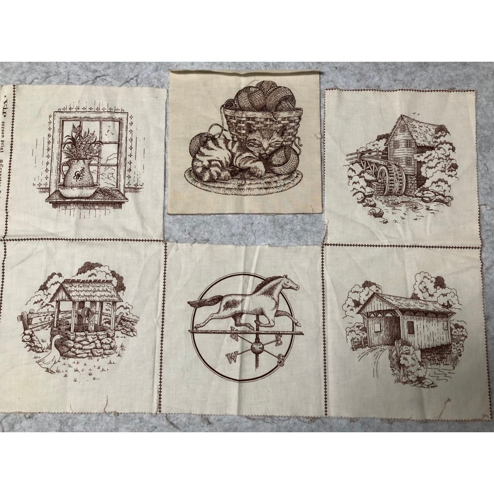 Vintage VIP Cranston Print Works Country Scene Picture Patches Fabric 6 Squares